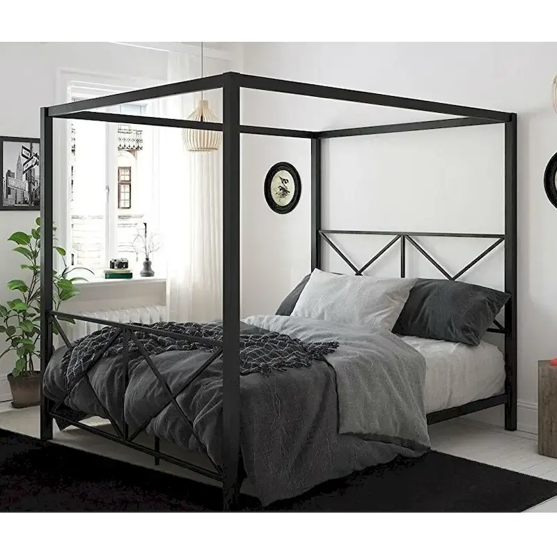 Modern Black Metal Four-Poster Canopy Bed Frame