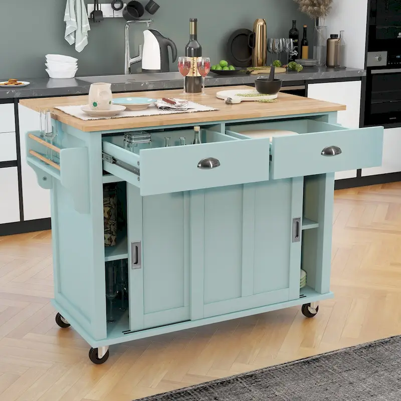 Kitchen Cart With Rubber Wood Drop-Leaf Countertop(no include stool)