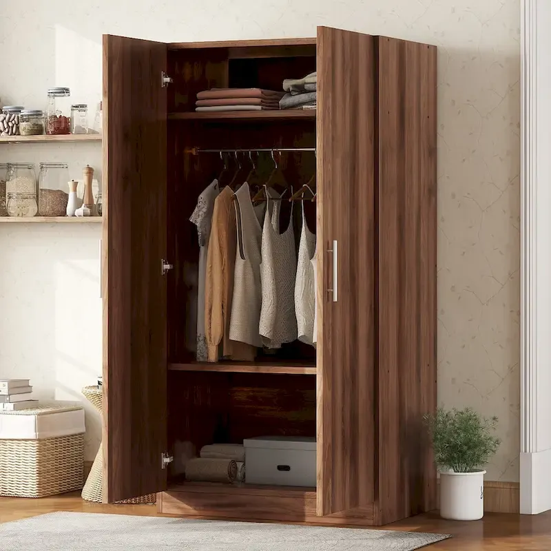 31.5  Rustic 2-Door Wooden Armoire with Hanging Rod and 3 Storage Shelves for Bedroom