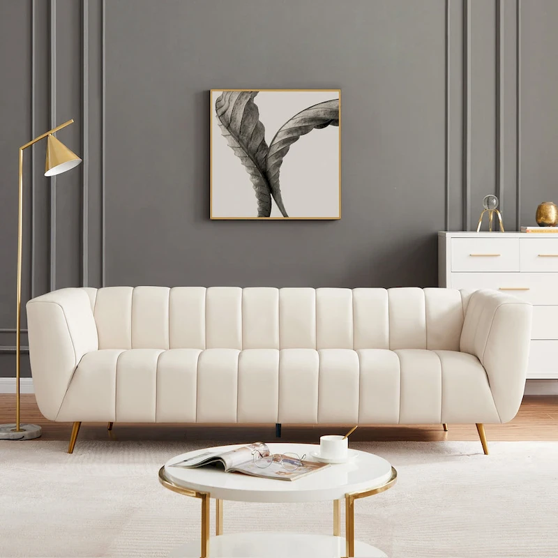 Clovis Mid-Century Modern Furniture Style Upholstered Leather Couch in Cream