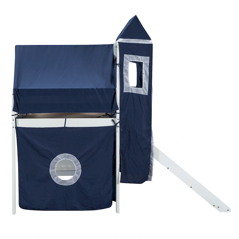 Twin Pine Loft Bed with Staircase, Slide, Tent, Tower, and Guardrail