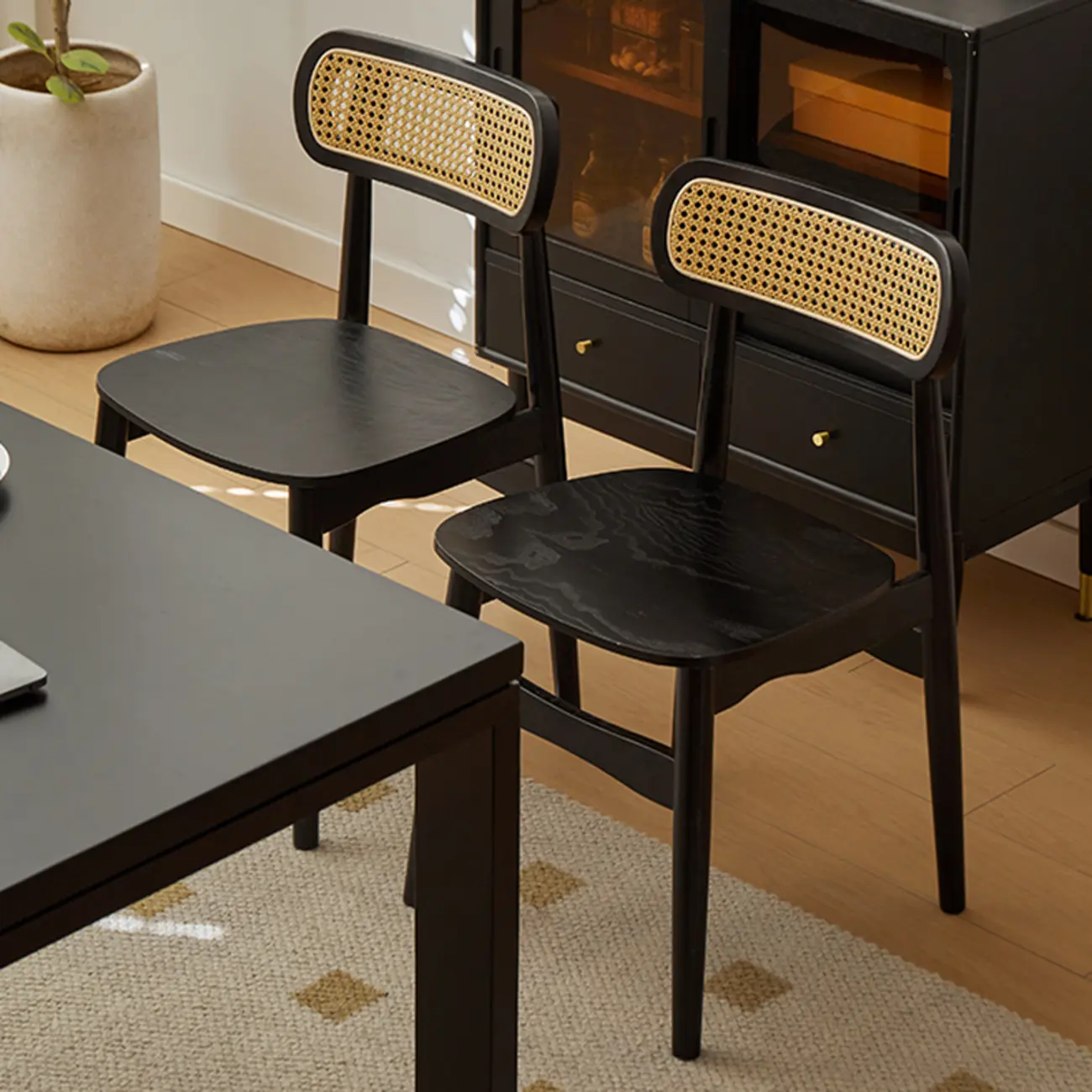 Rustic Black Wooden Armless Dining Chair with Handwoven Back