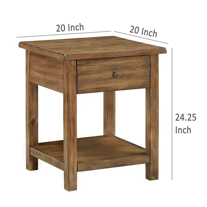 Ayne Side End Table, 1 Shelf, 1 Drawer, Brown Wood, Square 20 Inch