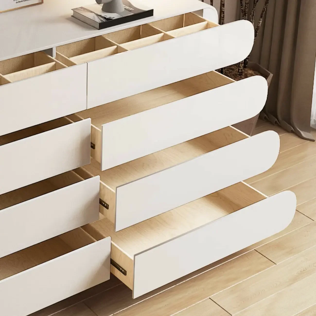 Glam White Oval Wooden Double Dresser with Soft Close Drawers