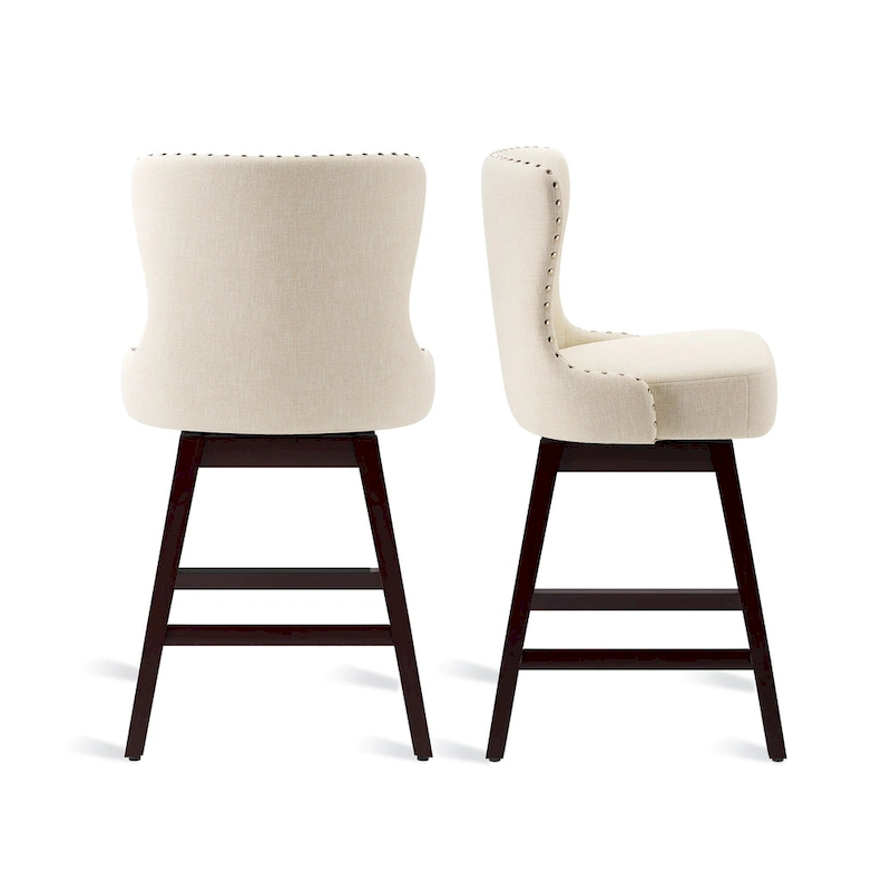 LUE BONA 26 in. Mid-Century Modern Wood Frame Swivel Bar Stools with Faux Leather and Linen Upholstered SeatSet of 4