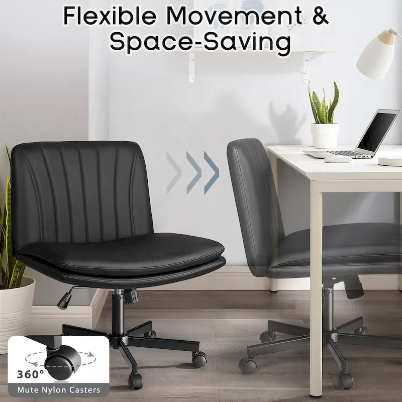 Bossin Criss Cross Chair with Wheels,PU Leather Armless Cross Legged Office chair, Adjustable Wide Seat Task Vanity Chair