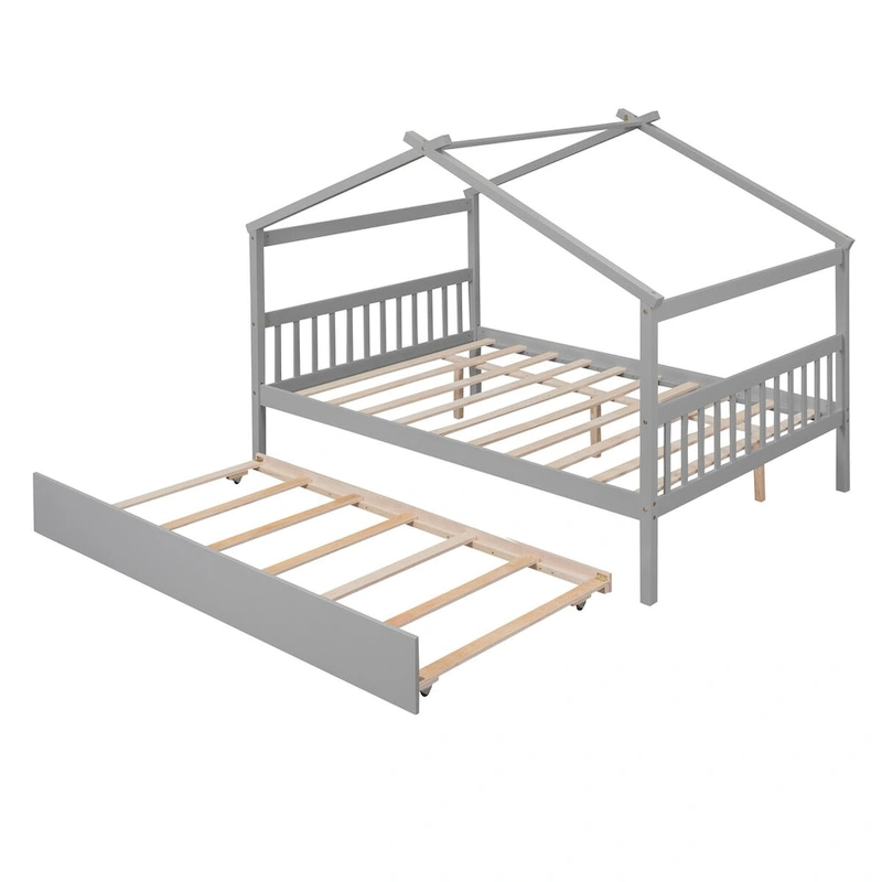 Wooden Full House Day Bed with Trundle