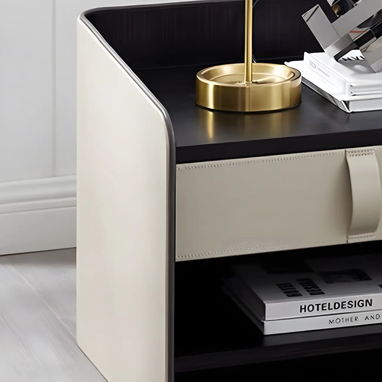 Modern 2-Tier Wood Leather Shelved Drawer Nightstand