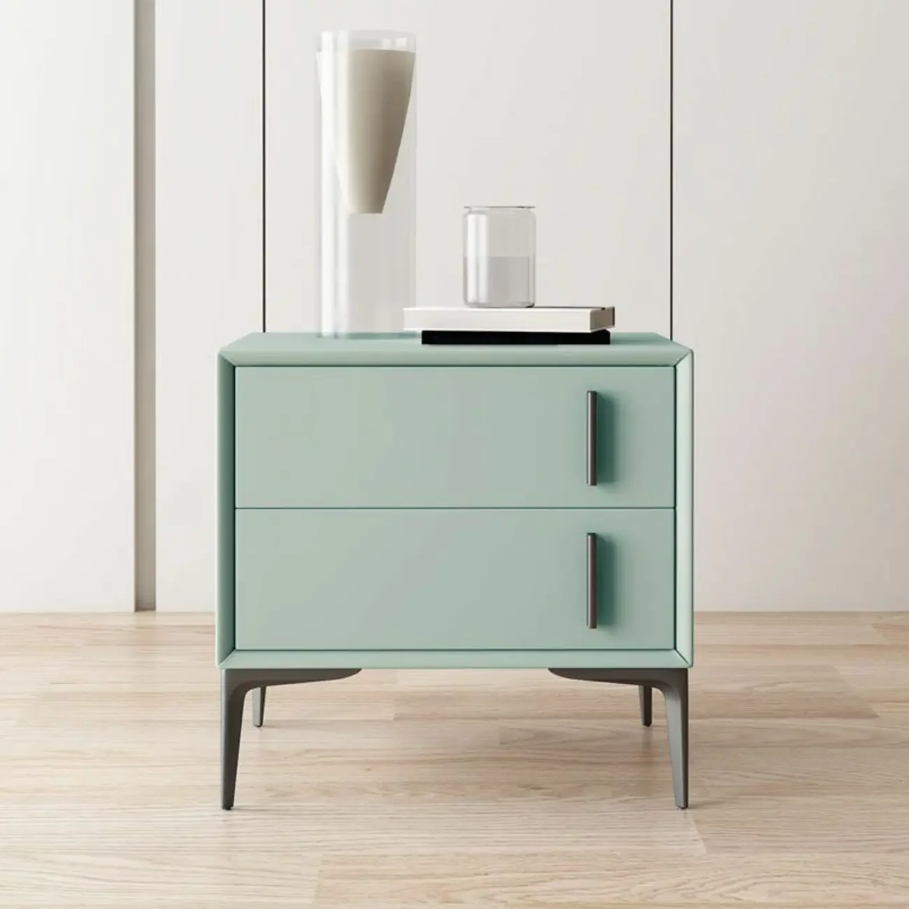 Modern Apricot Faux Leather Wood 2-Drawer Nightstand