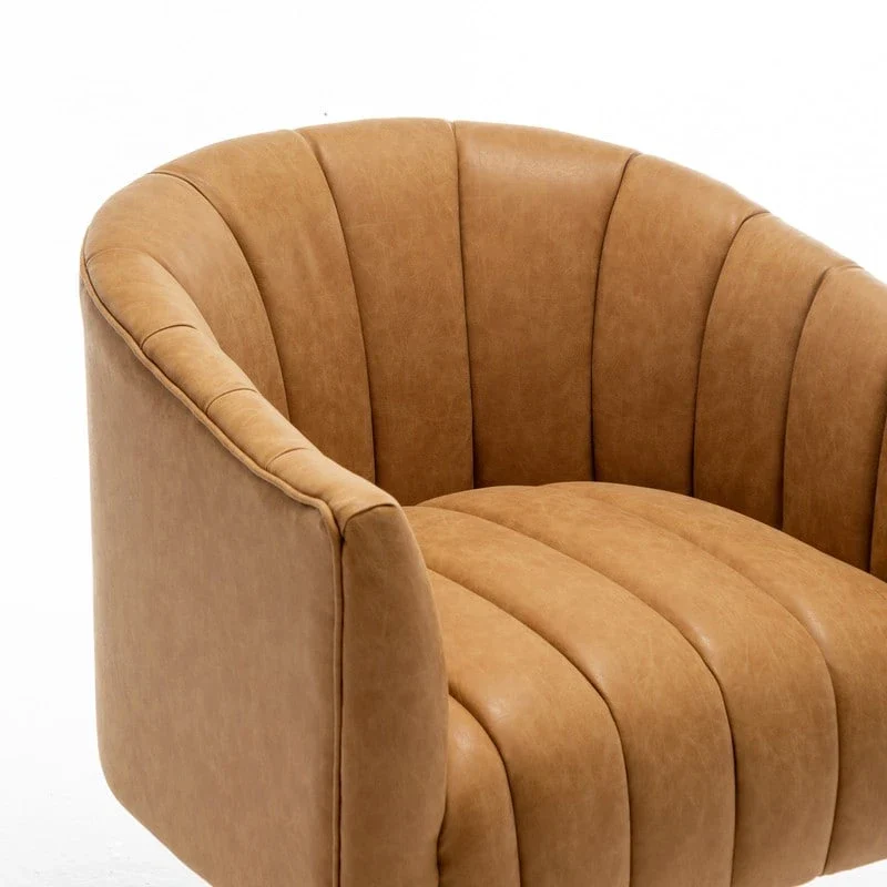 SEYNAR Mid-Century Swivel PU Leather Tufted Round Accent Barrel Chair