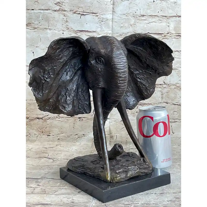 Imitative Elephant Head Bronze Metal Bust Statue Sculpture Figure Decor Signed Original Art Marble Base