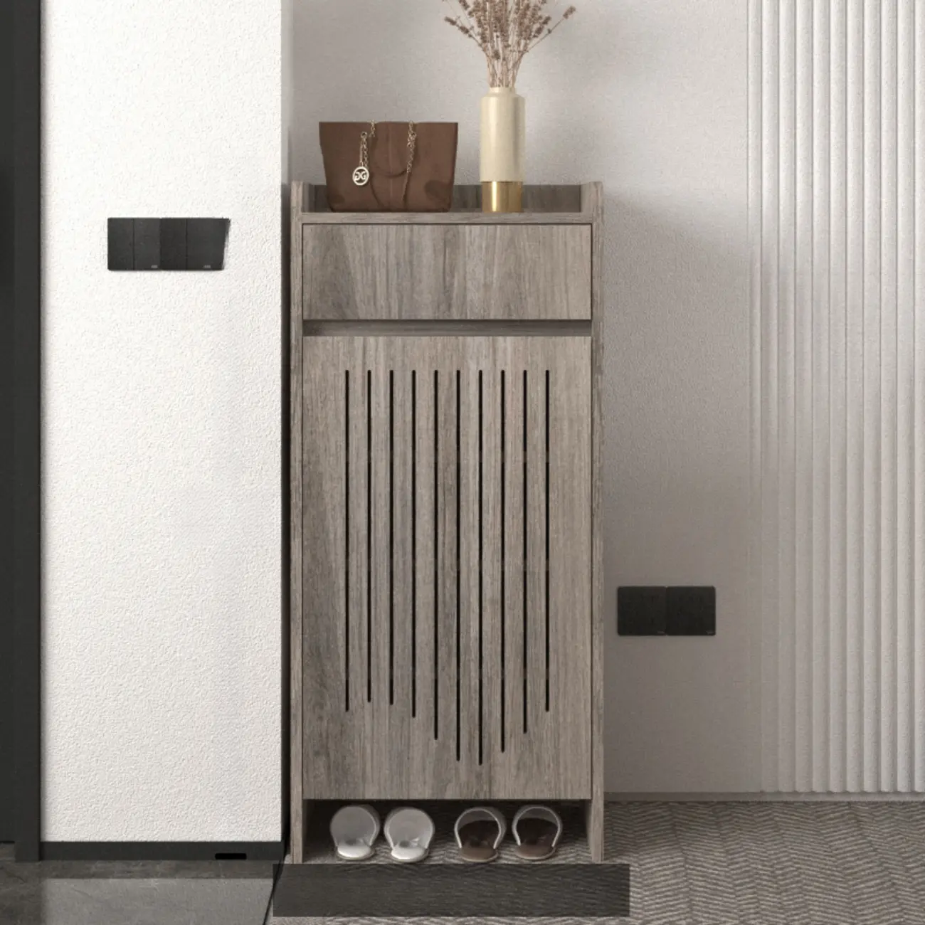 Modern Slim Wood Beige Entryway Shoe Cabinet