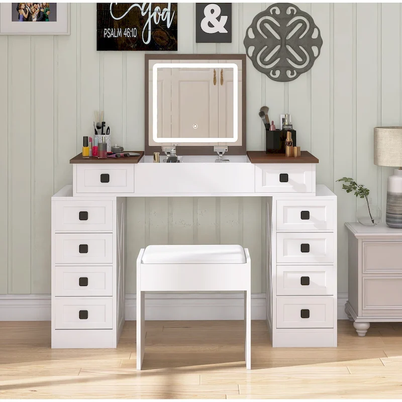 Vanity Desk with Dimmable LED Light, Makeup Table with Flip-Up Mirror, Vanity Table Set Including Stool and Drawers