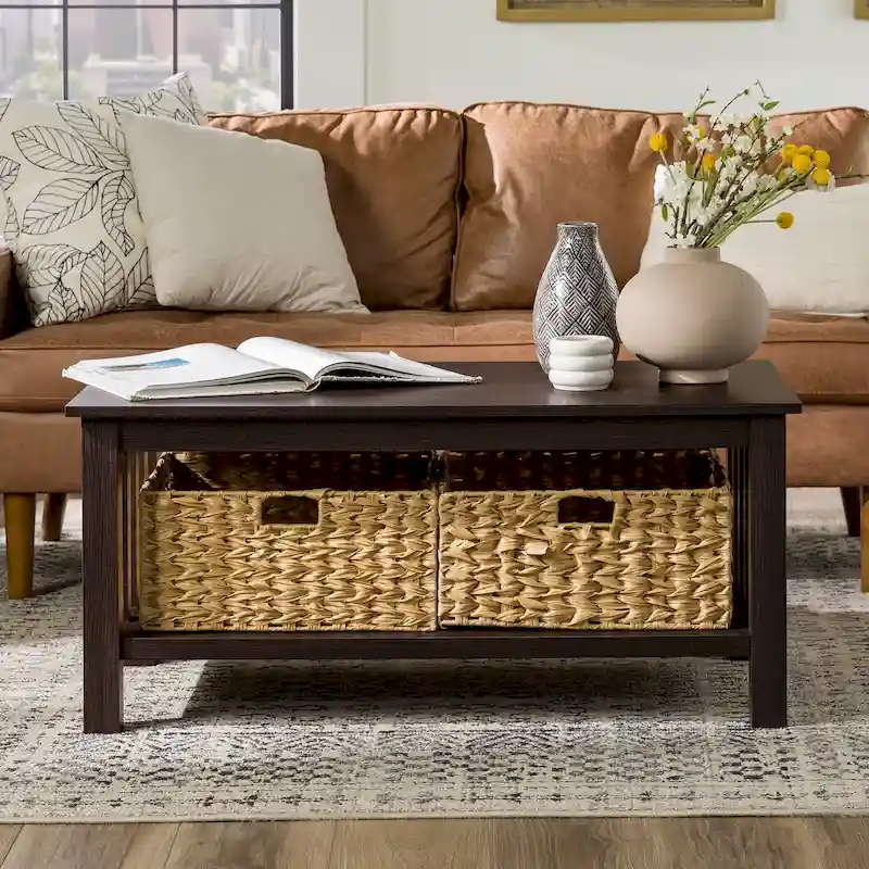 40-Inch Mission Style Coffee Table with 2 Wicker Storage Baskets, MDF Laminate, Wood Grain Design