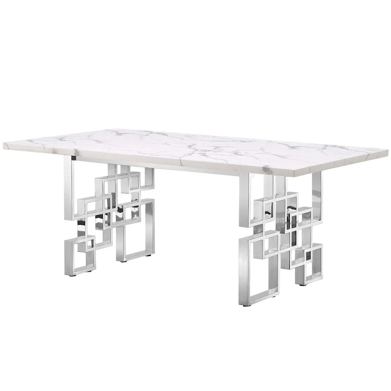 Luxury White Faux Marble Dining Table with 78 inch Top and Metal Base