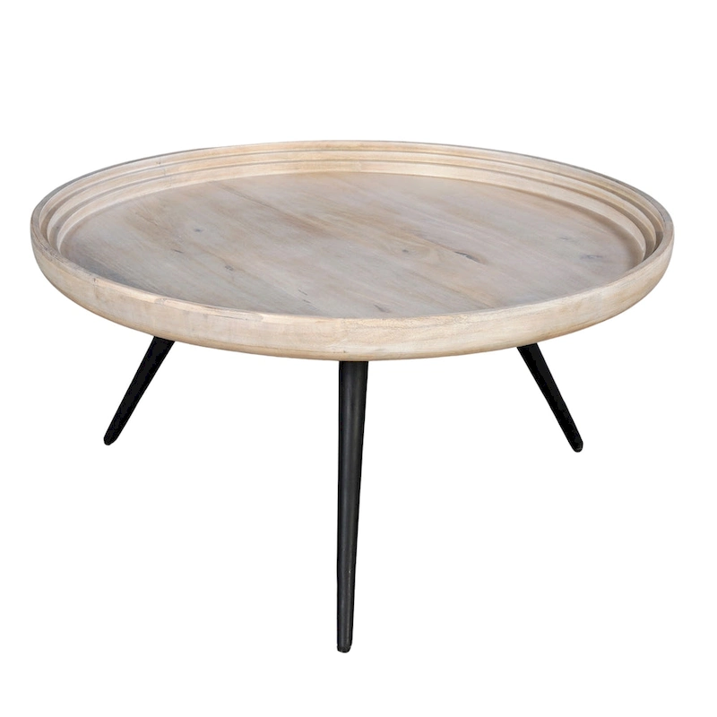 Urban Chic Coffee Table 30 Inch Round Tray Top, Handcrafted Washed White Mango Wood