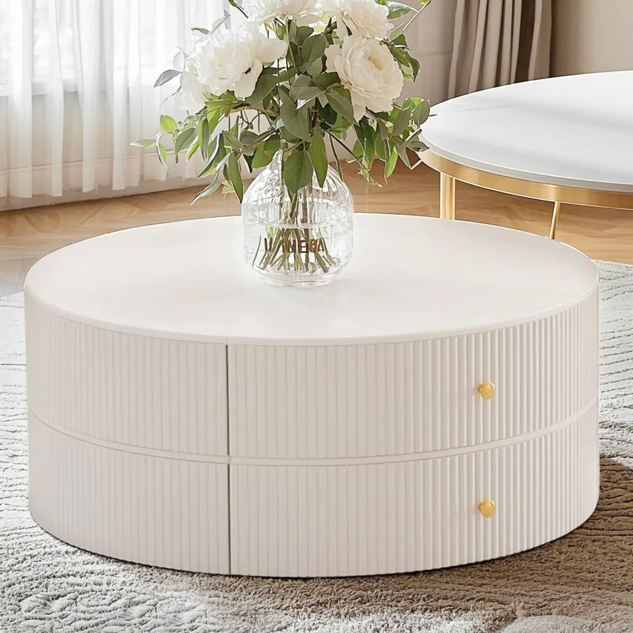 White Round Wheeled Round Wood Drawer Coffee Table