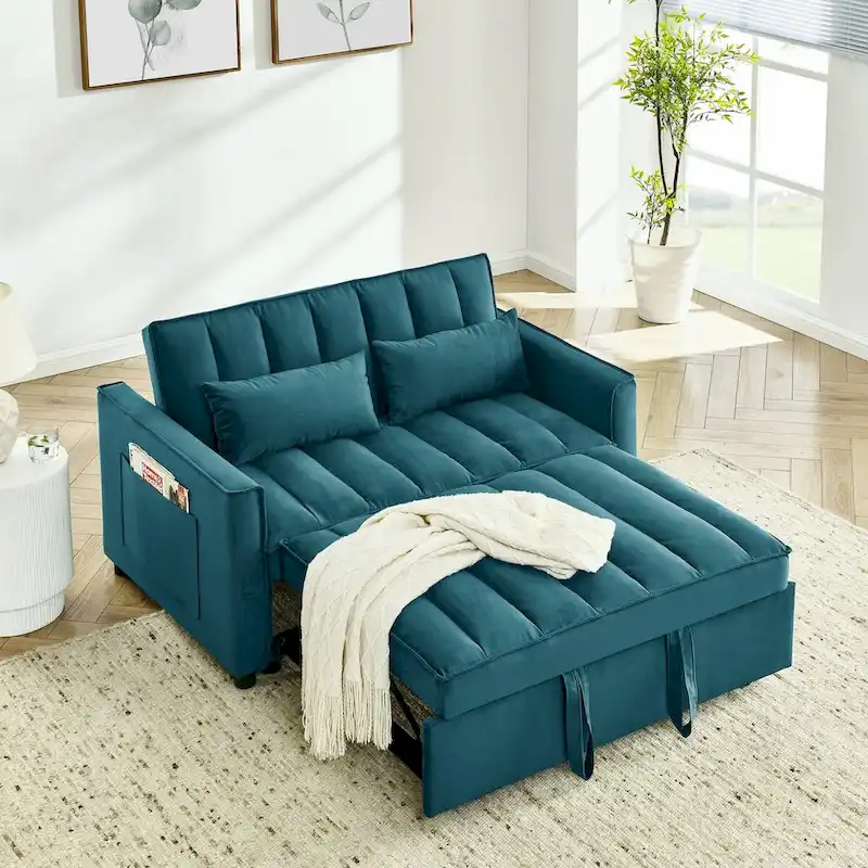Modern Velvet Loveseat Sofa Couch Pull Out Bed,3 in 1 Convertible For Living Room Sofa Bed