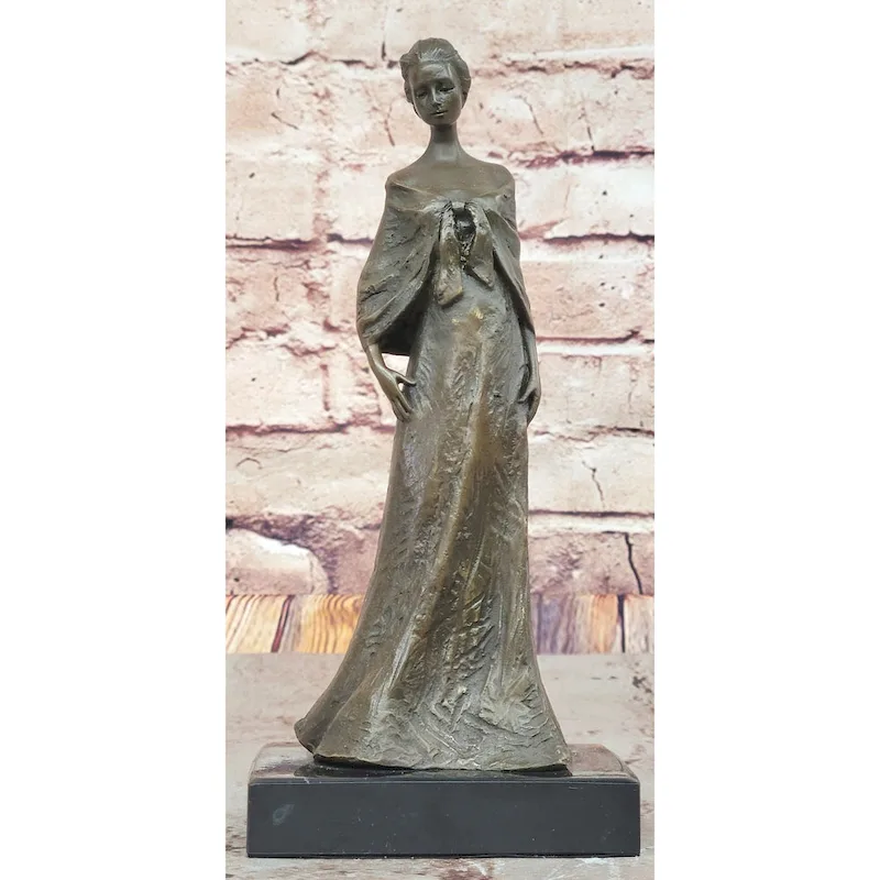 Elegant Bronze Lady Sculpture  Clic Figurine In Flowing Gown On Marble Base