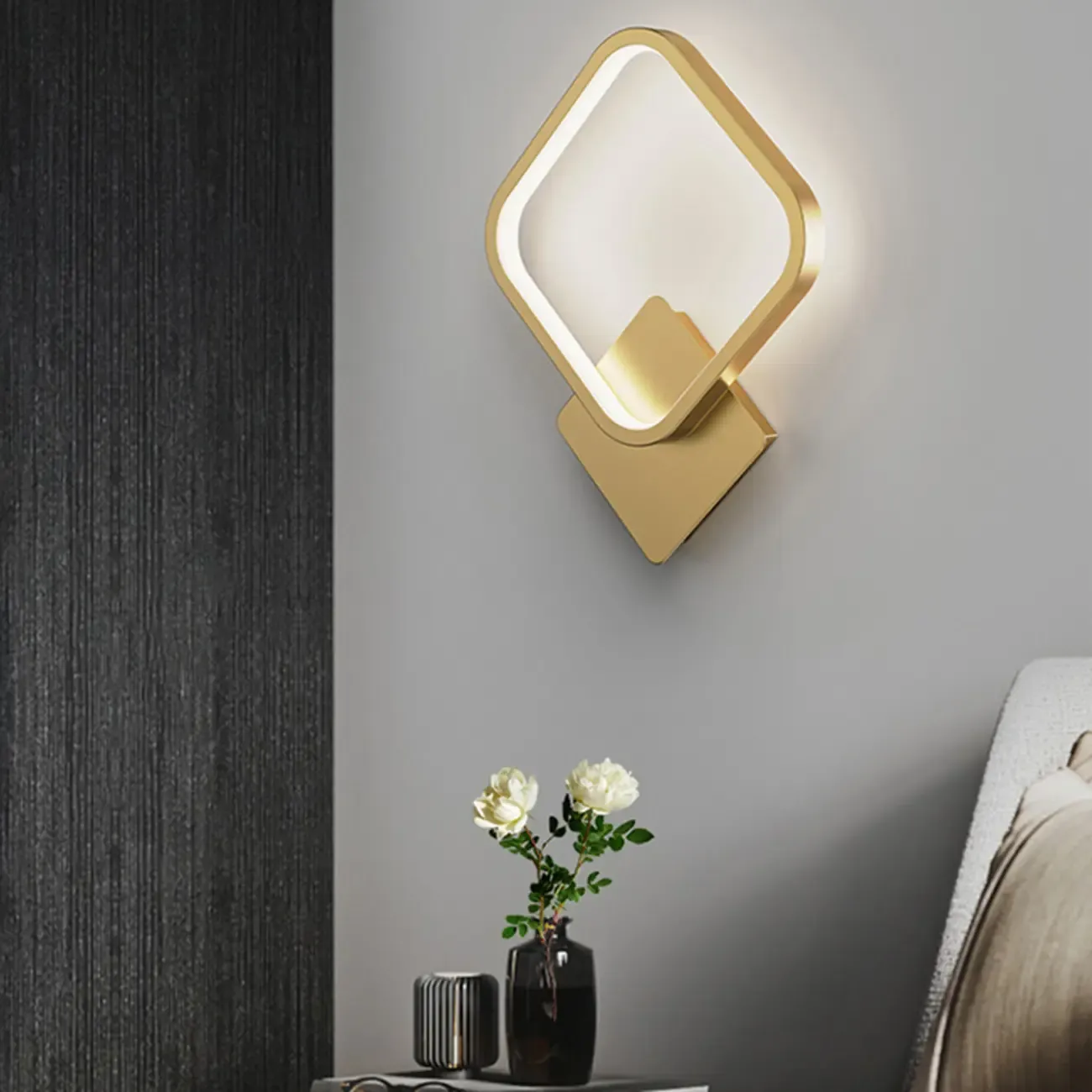 Modern Square LED Wall Sconce with Brass Finish for Bedroom