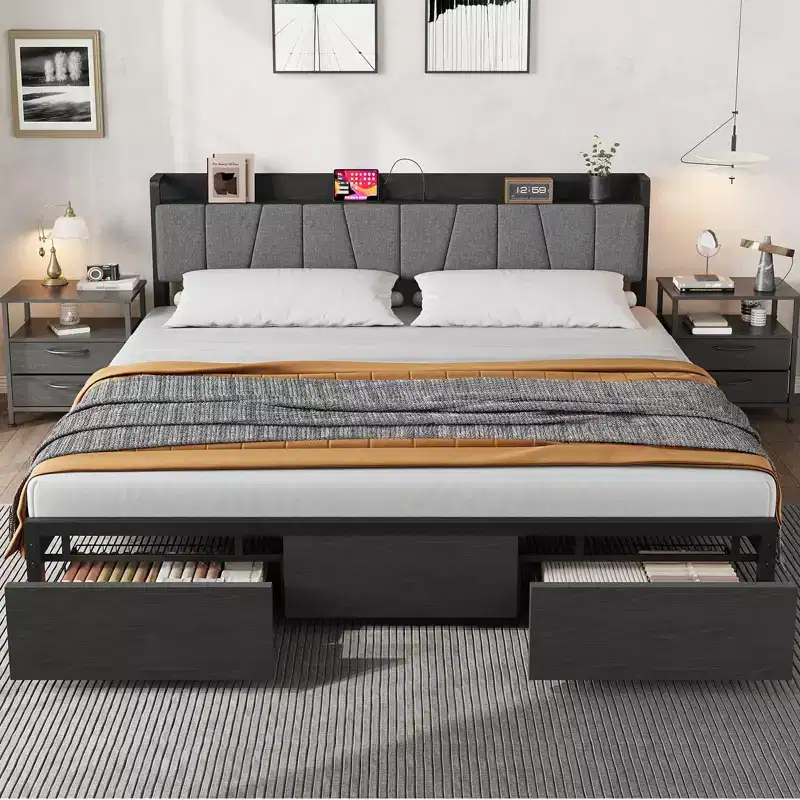 Platform Bed Frame with 2 Storage Drawers  Upholstered Headboard  Built-In Charging Station  Sturdy Metal Slats, No Box Seasonal Needed