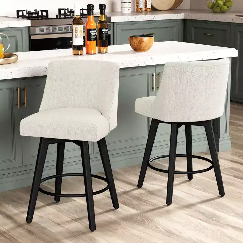 Dyonery 26 Height Counter Height Bar Stools Set of 2, Upholstered Swivel Fabric Kitchen Counter Stools with Back, Solid Wood Legs, Grey
