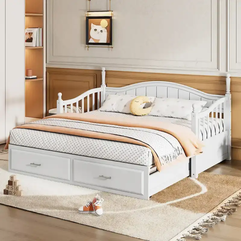 Twin Wooden Daybed with 2 Drawers & Trundle