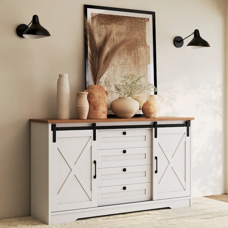 JASIWAY Barn Buffet Sideboard Cabinet with 2 Doors and 4 Drawers
