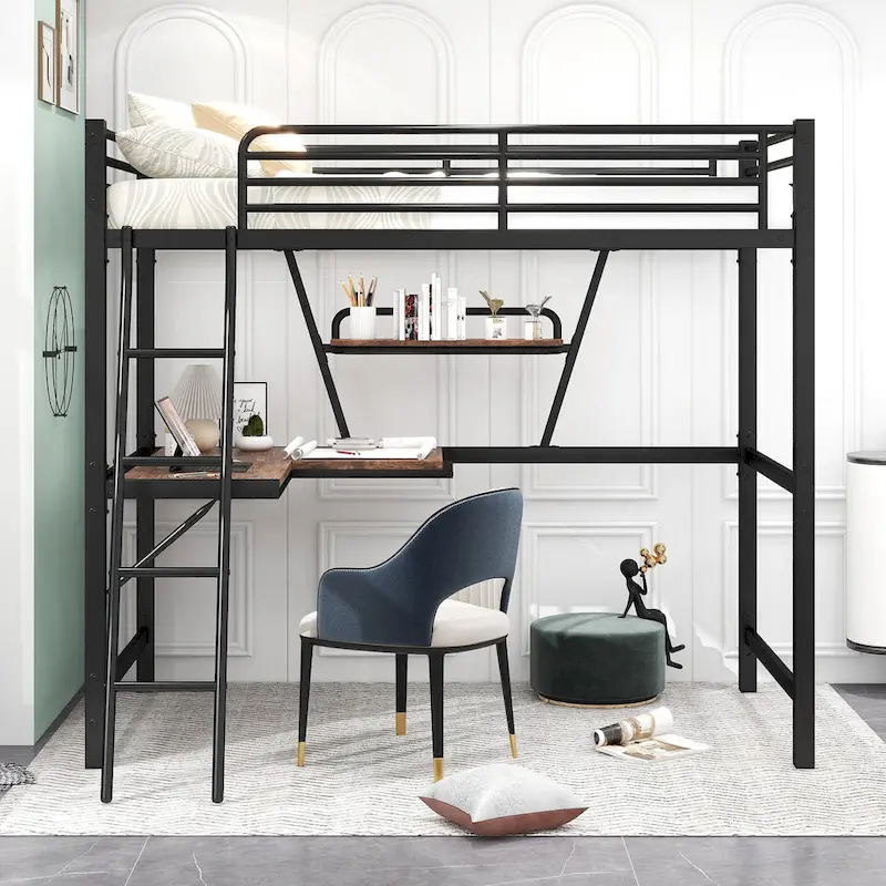 Metal Loft Bed with Integrated Desk, Shelf, and Full-Length Guardrail