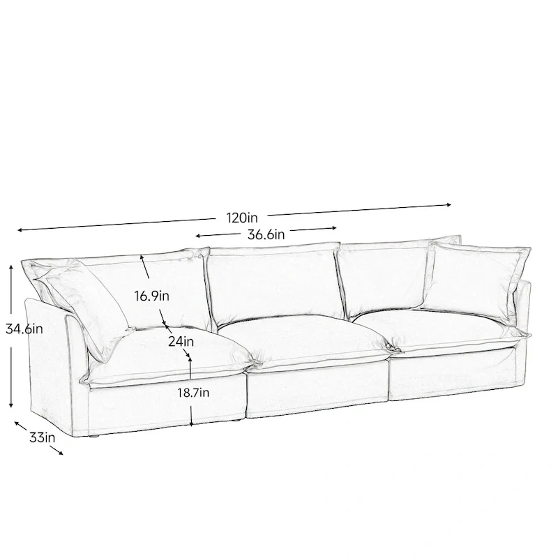 120 U-Shaped Chenille Sectional Sofa with 3-Seater and French Edge Pillows & Cloud Cushions