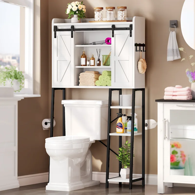 Moasis 61   Tall Over The Toilet Storage Cabinet Rack with Farmhouse Sliding Door and Metal Base