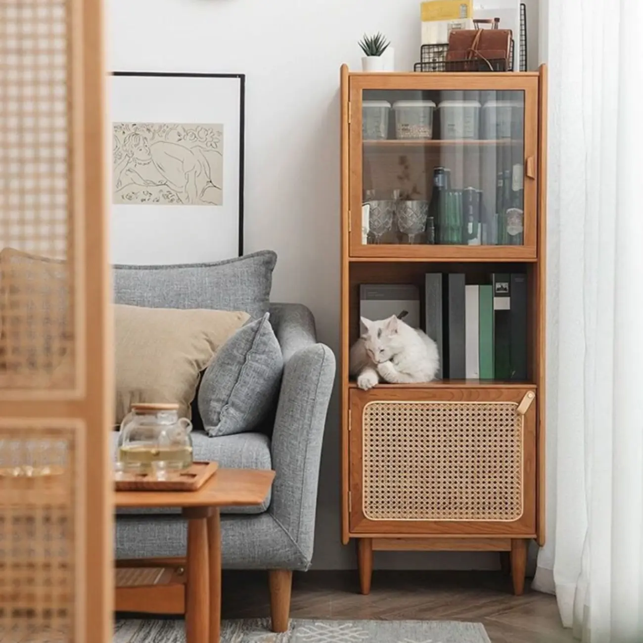 3-Tier Versatile Natural Cherry Wood Glass Rattan Utility Cabinet