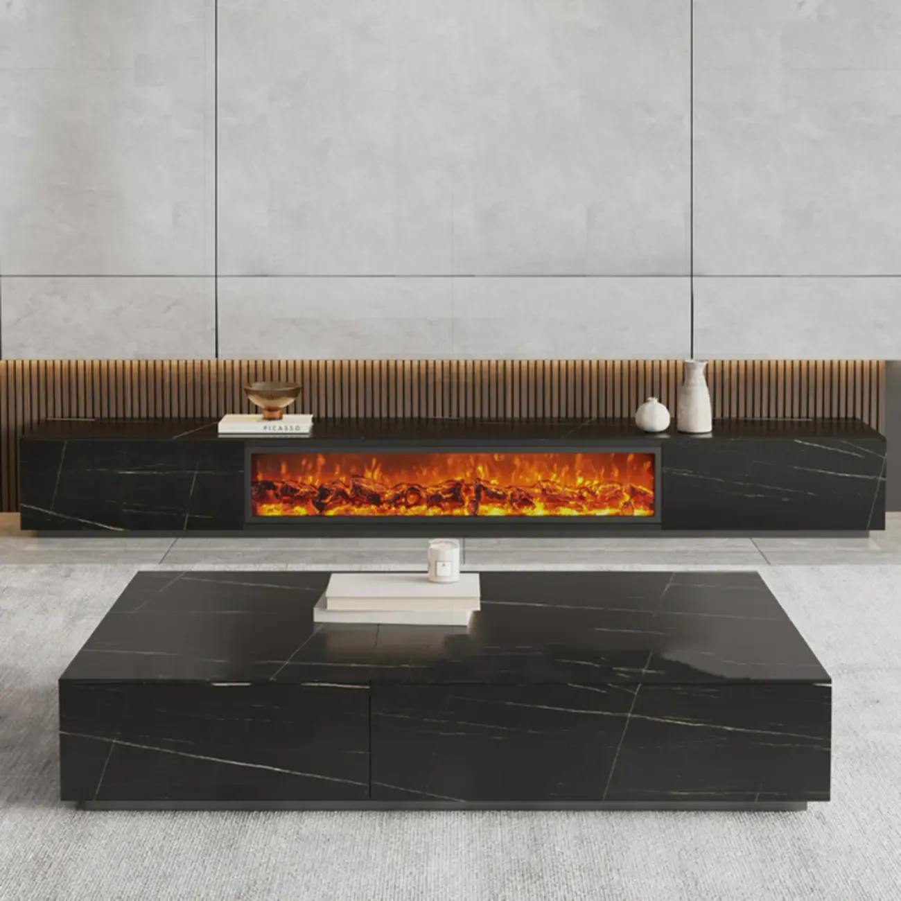 87 Rectangle Black Electric Fireplace Stone TV Stand with Light