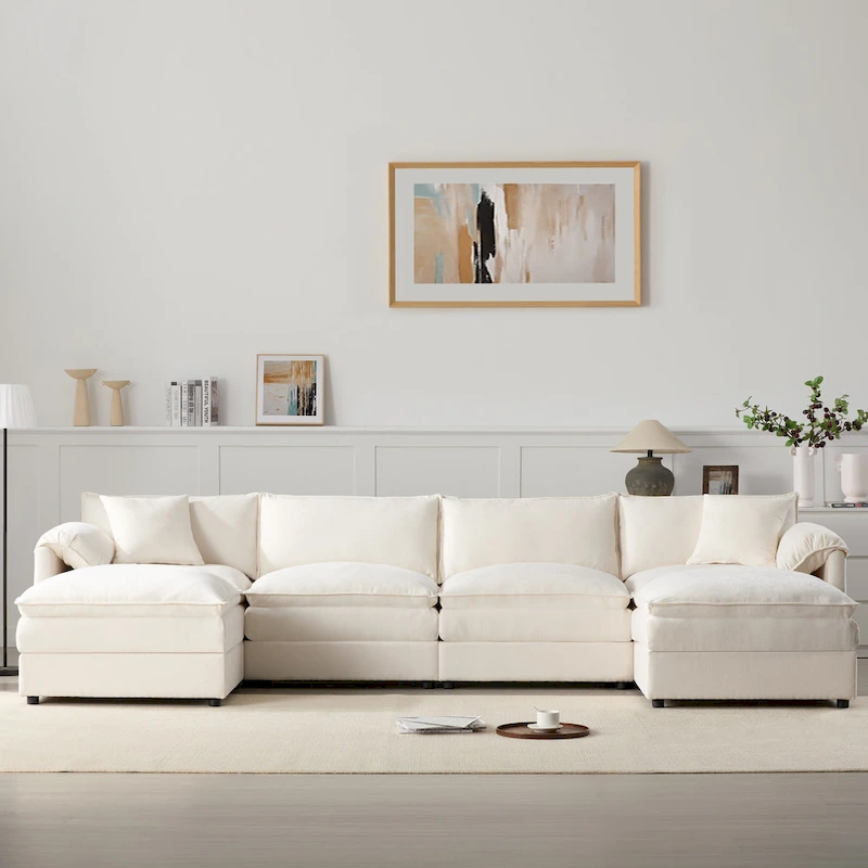 136  U-Shaped Chenille Cloud Sectional Sofa with Dual Ottomans