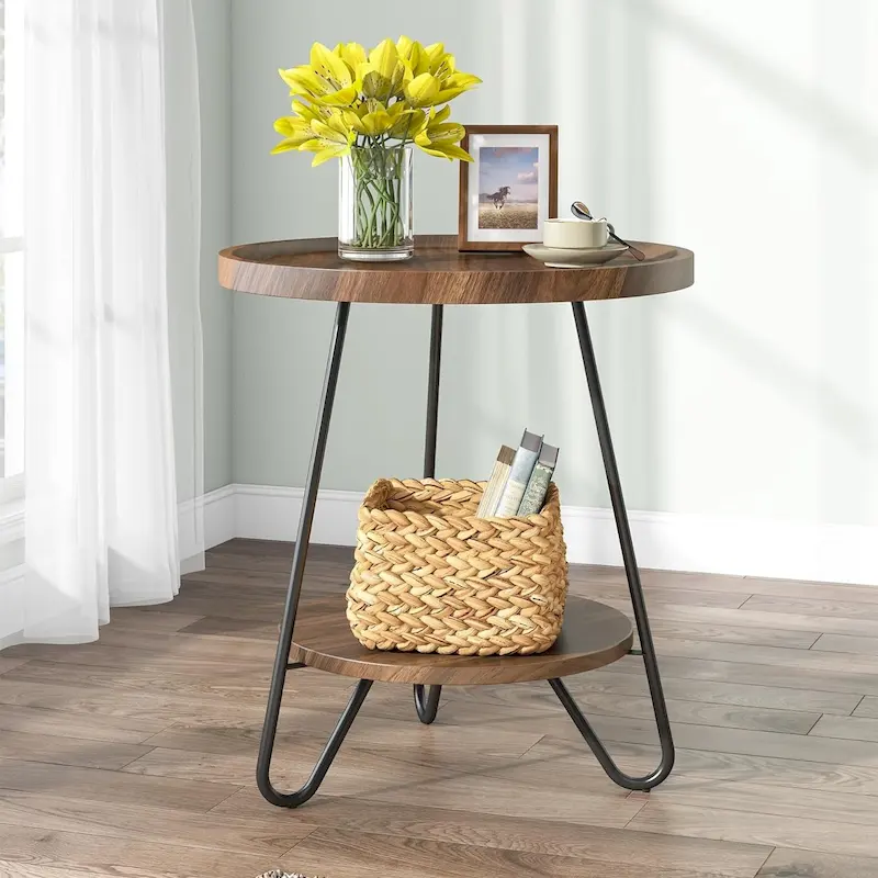 Round Side Table, Wooden End Table, 2-Tier Sofa Side Table with Metal Legs