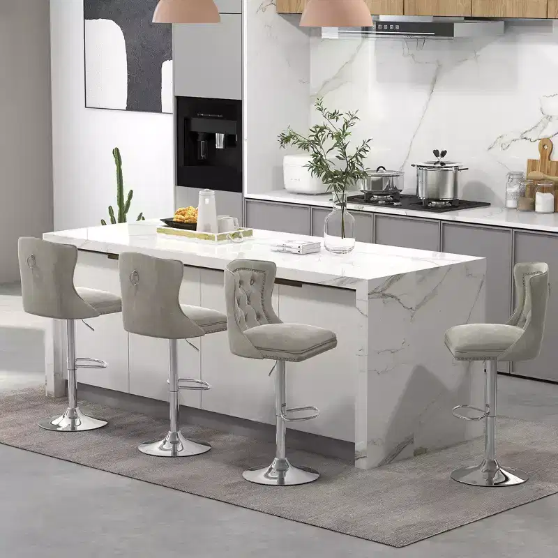 Set of 2 Bar Chairs Dutch Velvet Bar Stool with Footrest Metal Base Anti-Slip Ring Pink/Beige/Grey