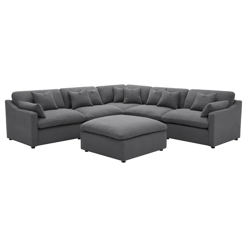 Hobo 6pc Sectional Sofa, Charcoal Gray Fabric, 10 Pillows, 120 Inch