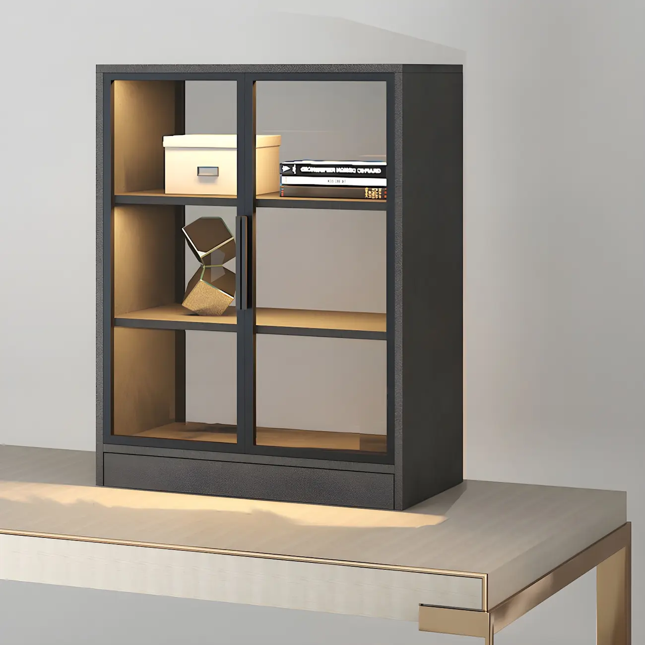 Square 2-Shelf Black Wooden Display Cabinet with Light