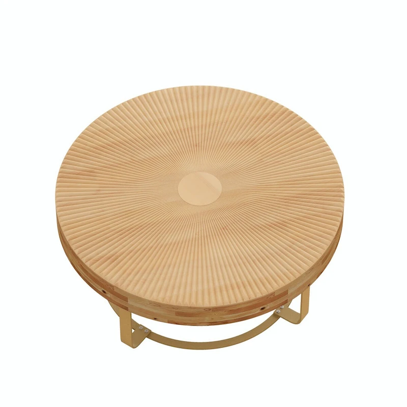 Modern Round Coffee Table with Wooden Carving Pattern and Metal Legs