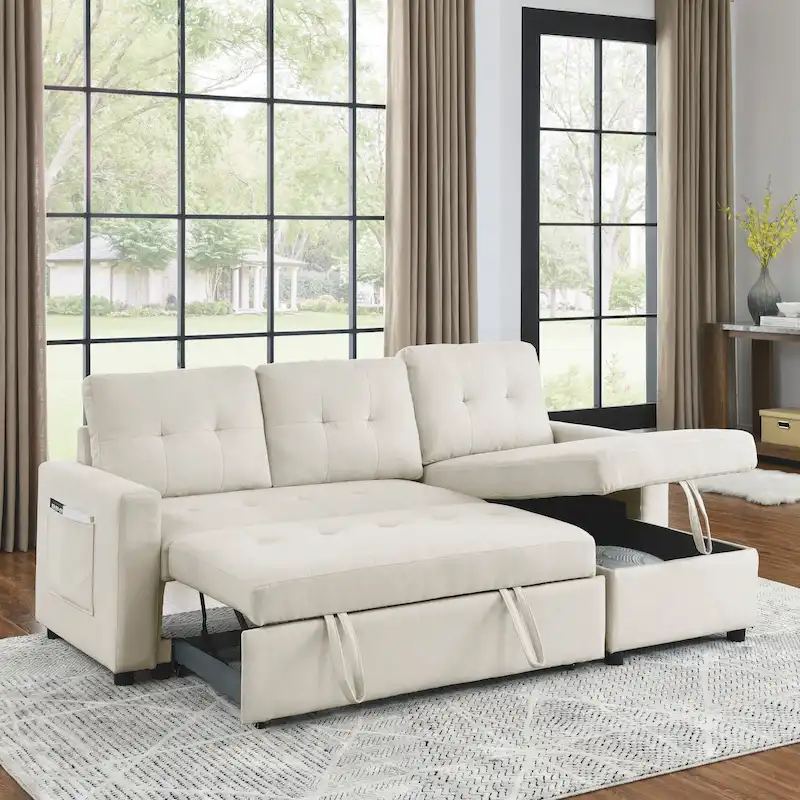 Beige 78.5 Reversible 3 Seater Sleeper Sectional Sofa with Storage Chaise, Pull-Out Bed and Side Pocket