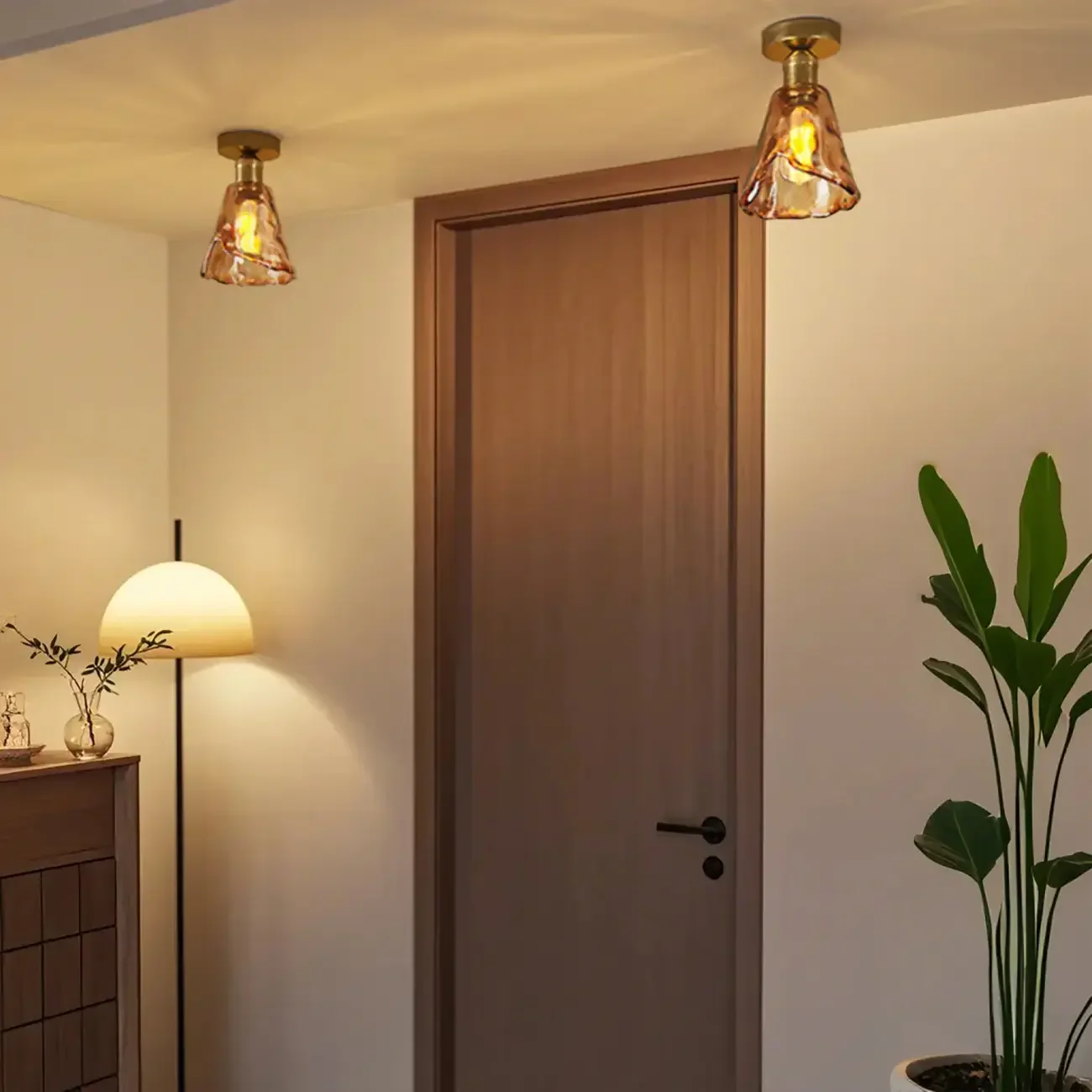 Modern Brass Amber Glass Cone Semi Flush Ceiling Light