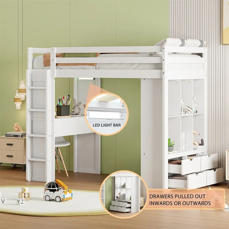 Twin Size Loft Bed with Large Shelves, Writing Sesk and LED Light