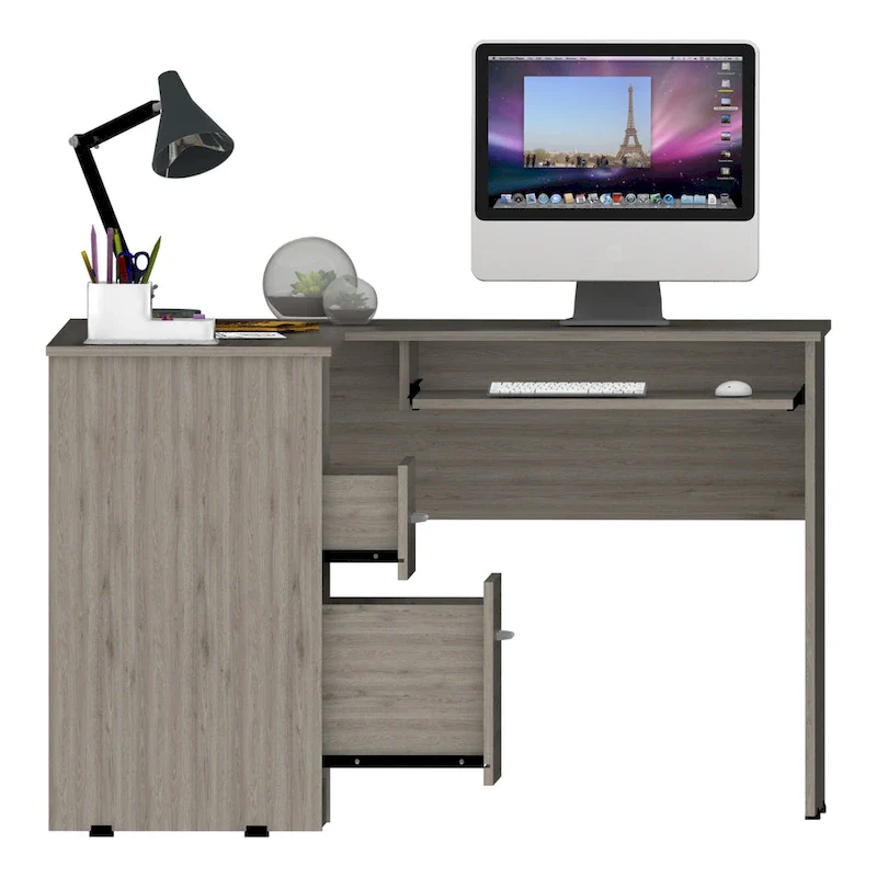 TUHOME Mix L-Shaped Desk with Open Shelving, 2 Drawers, and a Retractable Keyboard