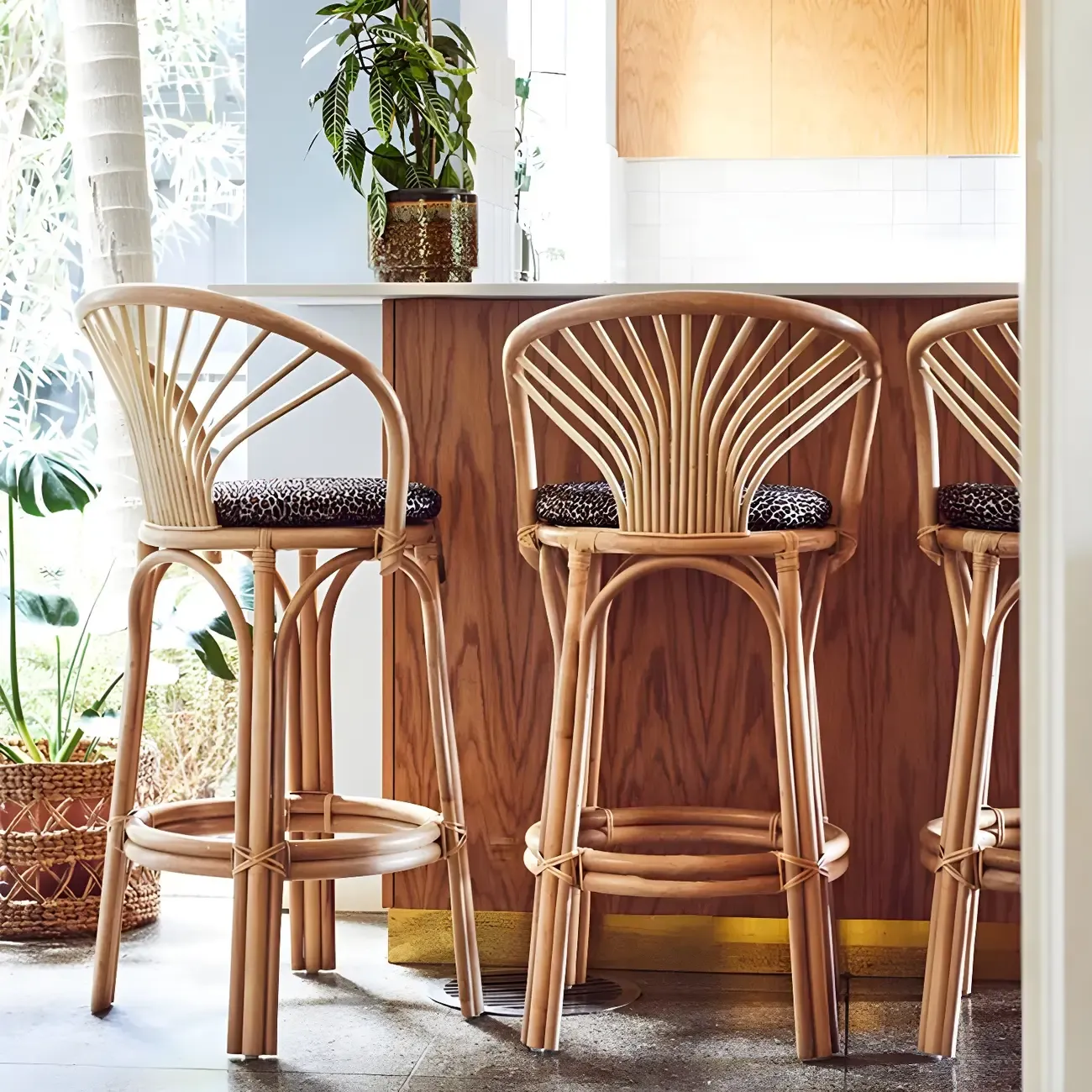 Comtemporary Wood Rattan Back Bar Stools with Footrest