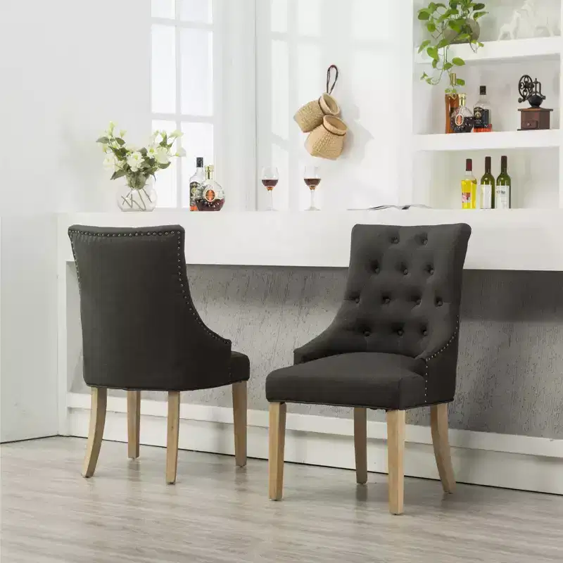 Roundhill Furniture Button Tufted Solid Wood Wingback Hostess Chairs with Nail Heads, Charcoal, Set of 2