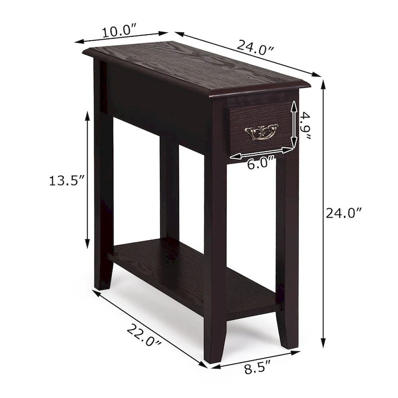 Sofa Side End Table 2 Tier Narrow Nightstand with Drawer