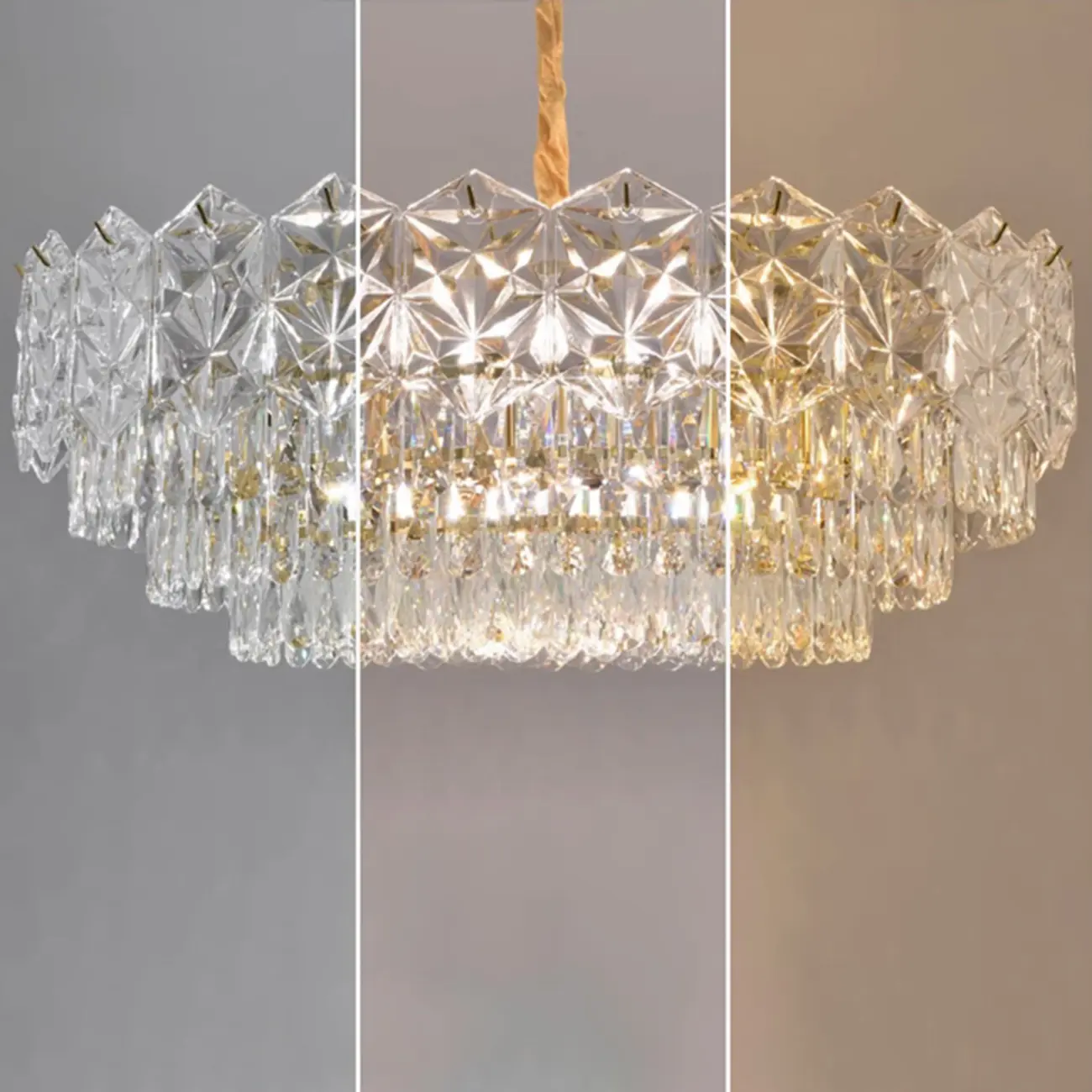 Modern Tier Gold Crystal Drum Chandelier Height Adjustable