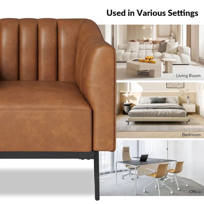 Channel Tufted PU Leather Accent Chair, Navy/Grey/Camel/Brown/Black, Metal Legs, Set of 2