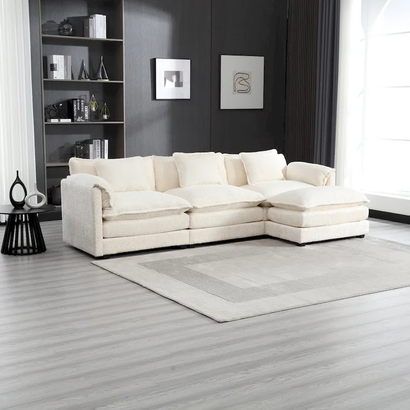 Beige 112.2 L-Shape 4-Seater Sectional Sofa in Modern Boucle Fabric with Removable Cushions and Detachable Armrests