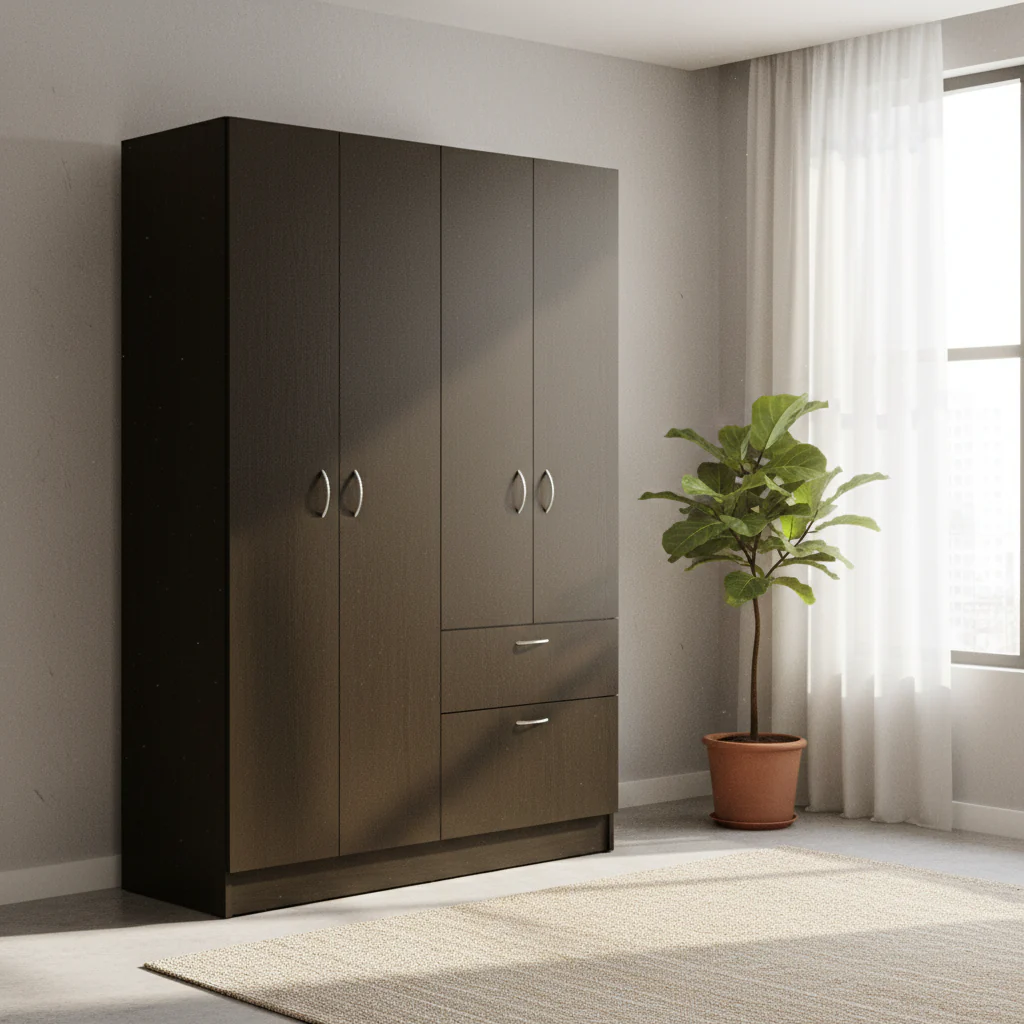 Wardrobe — Equipped With Two Double-Door Cabinets, Drawers, Five Built-In Shelves, A Hanging Rod, And A Pull-Down Storage Unit.